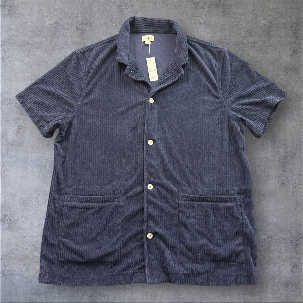 J.Crew Camp Collar Shirt Mens Large Navy Blue Ribbed Corduroy Terry Cloth BZ317